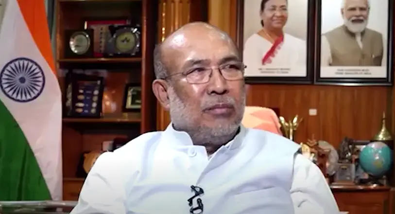 Illustration of Manipur’s political transition in 2025, depicting BJP leadership discussions and the search for Biren Singh’s successor amid government changes
